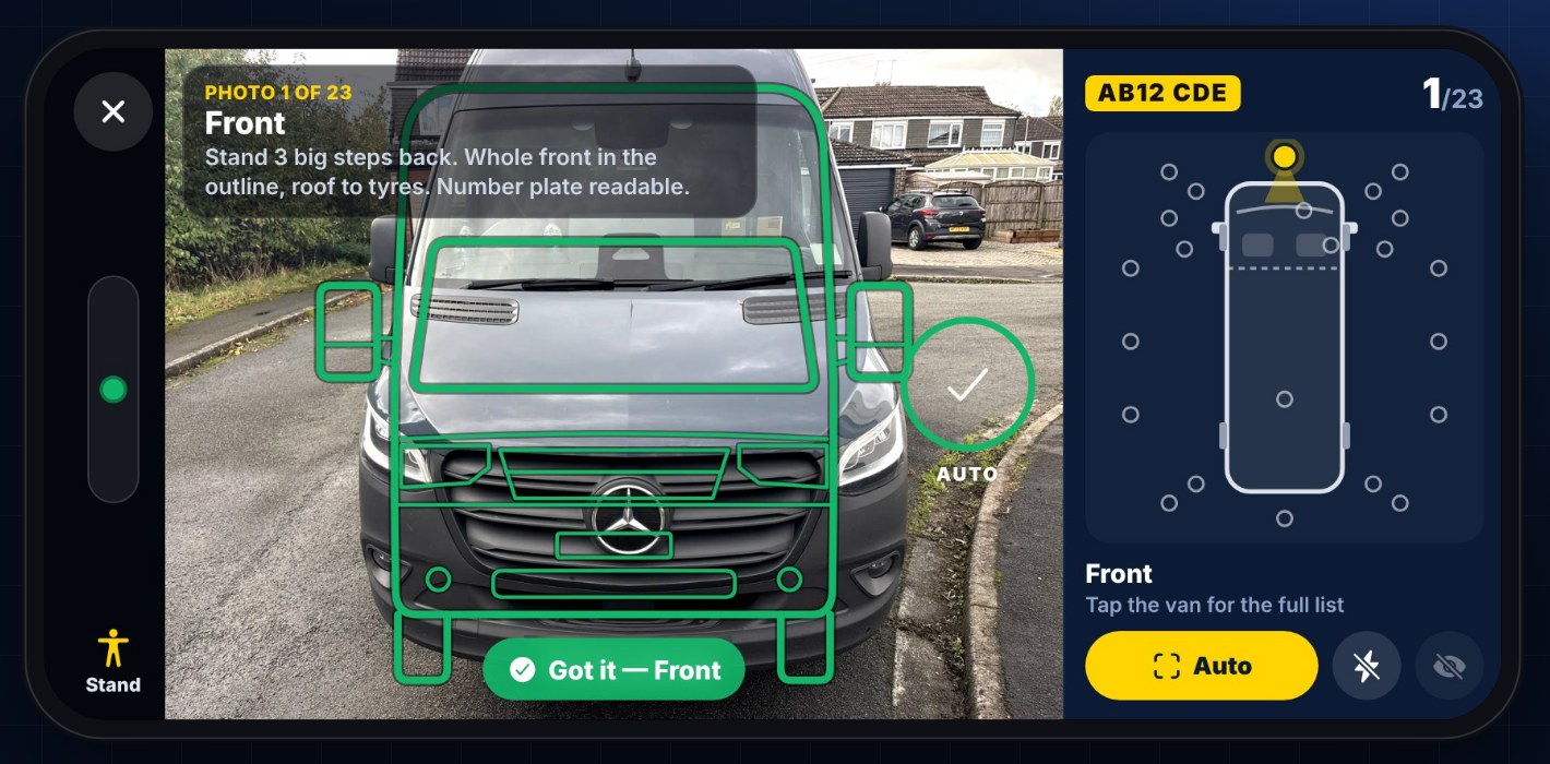 The VanProof camera: the outline turns green when the front of the van is lined up, and the photo is taken by itself