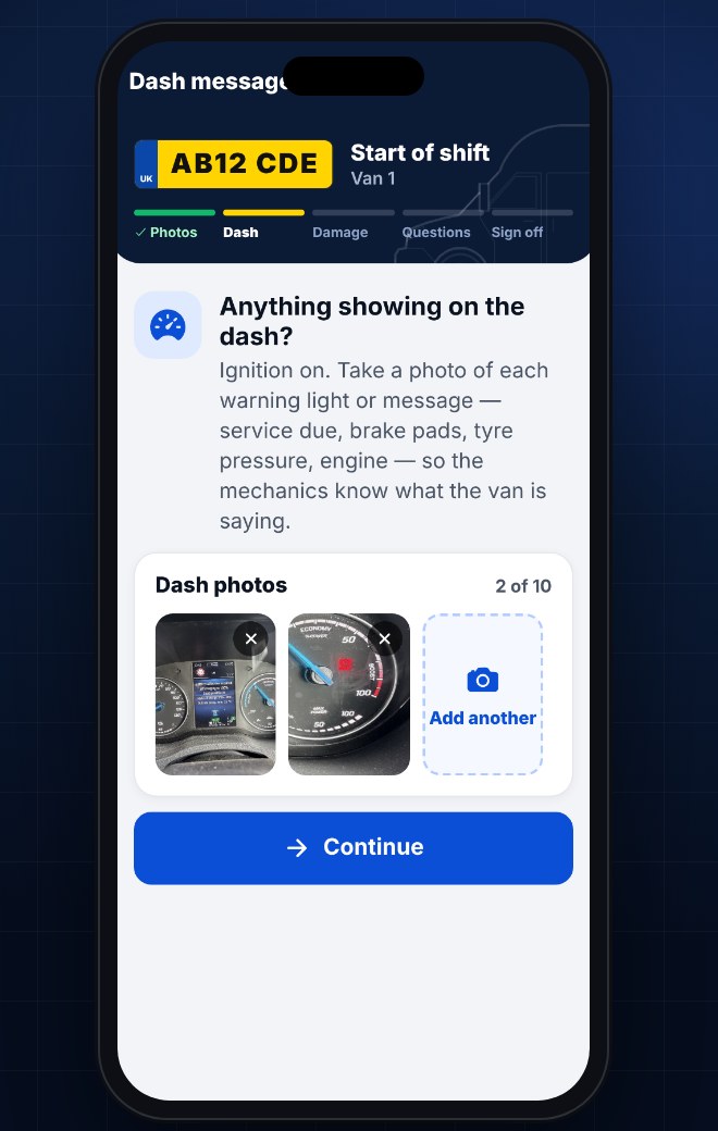 The dash messages page with two photos of warnings on the dashboard