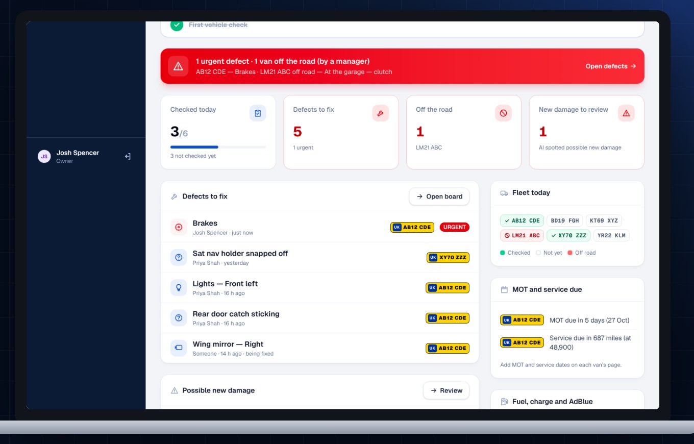 The manager's dashboard: urgent defects, vans checked today, new damage, MOT and service due