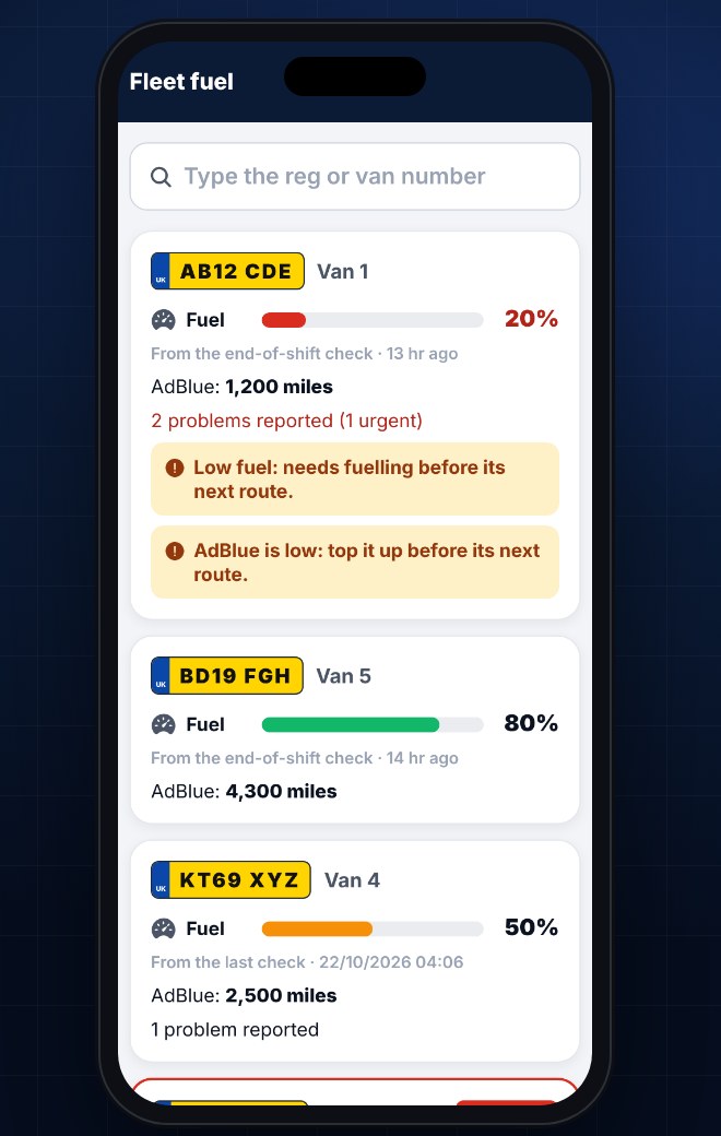 Fleet fuel: every van's fuel or charge and AdBlue from its last check